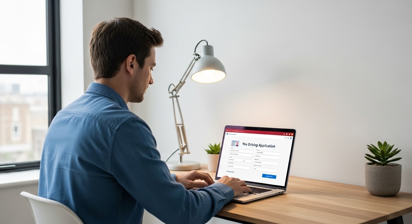 창가에서 노트북으로 운전면허 갱신 신청을 하는 남성