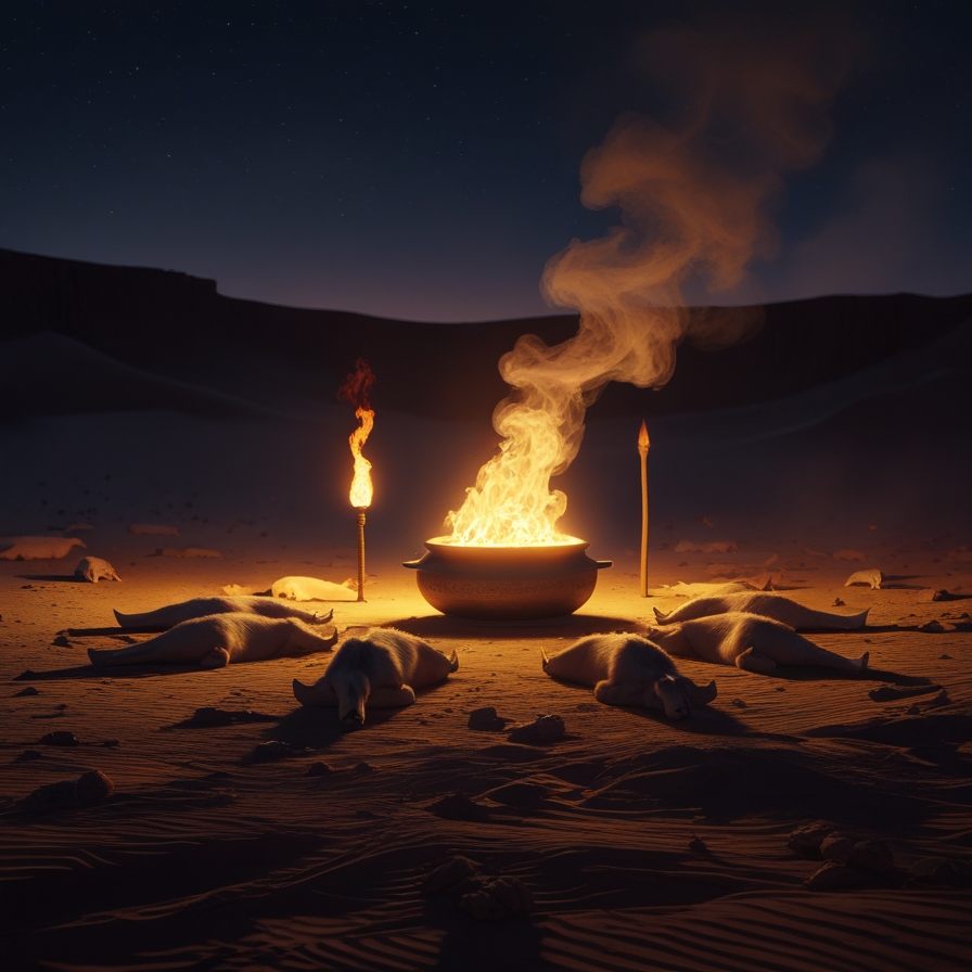 어두운 밤, 쪼갠 제물 사이로 연기 나는 불과 타는 횃불이 지나가는 언약 장면을 현상 중심으로 표현한 이미지