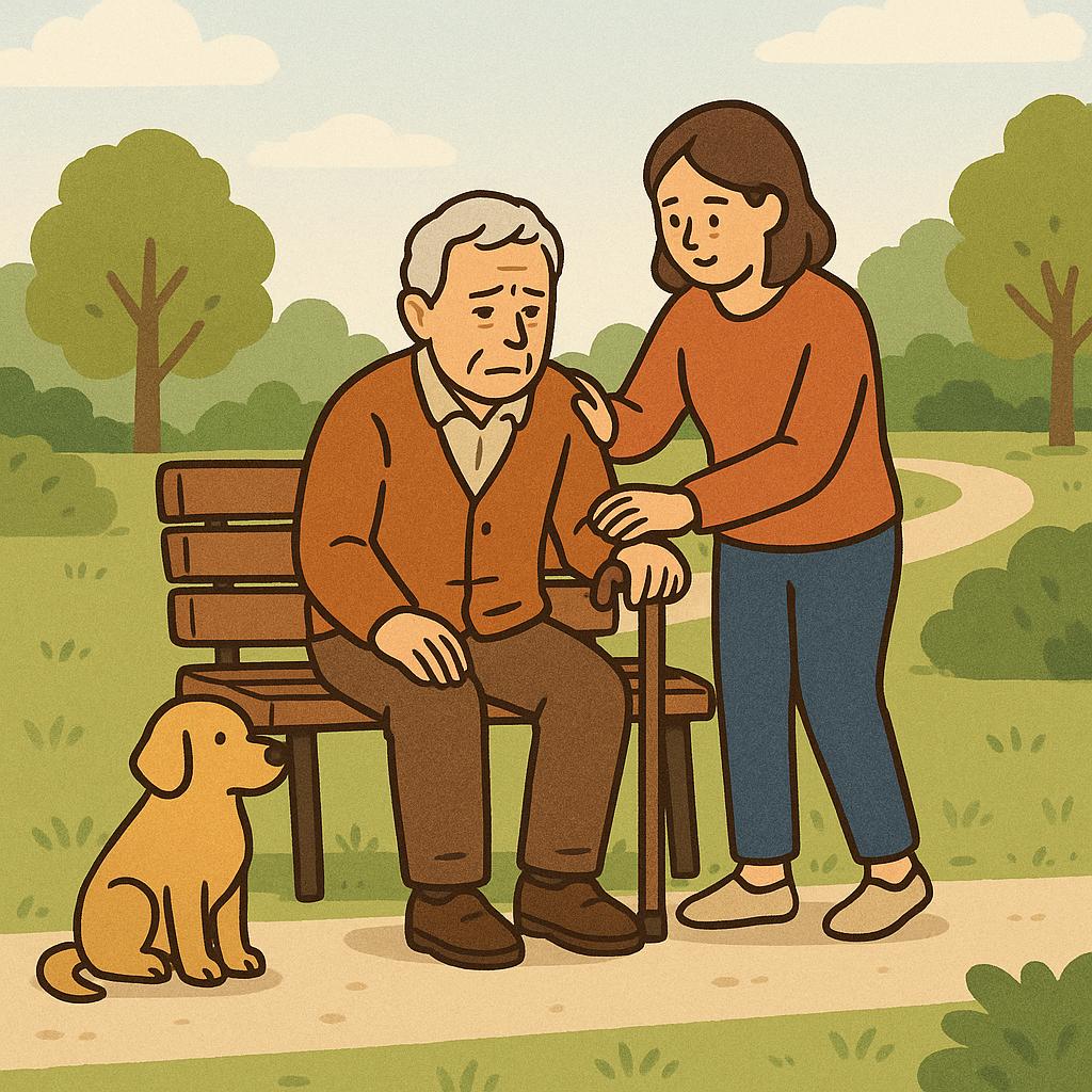 공원벤치에 앉아있는 치매노인을 돌보는 사람과 그 옆에 앉아있는 강아지 모습 만화체 그림