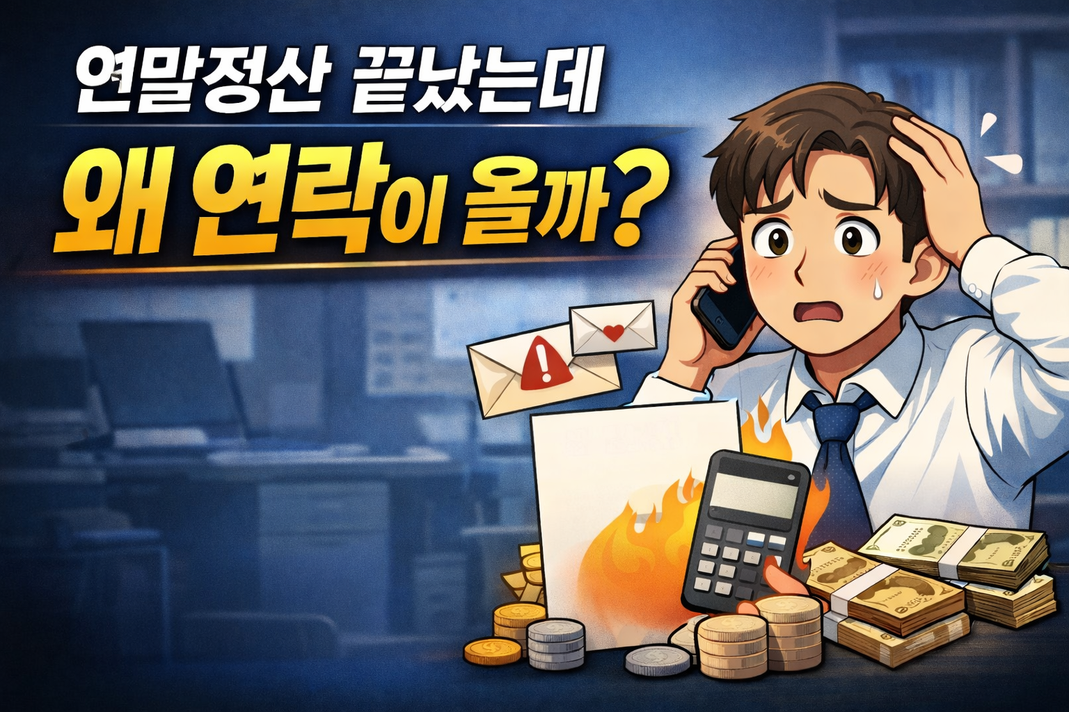 연말정산을 마친 후 세금 관련 연락을 받고 당황한 직장인 프리랜서가 서류와 계산기를 앞에 두고 고민하는 모습