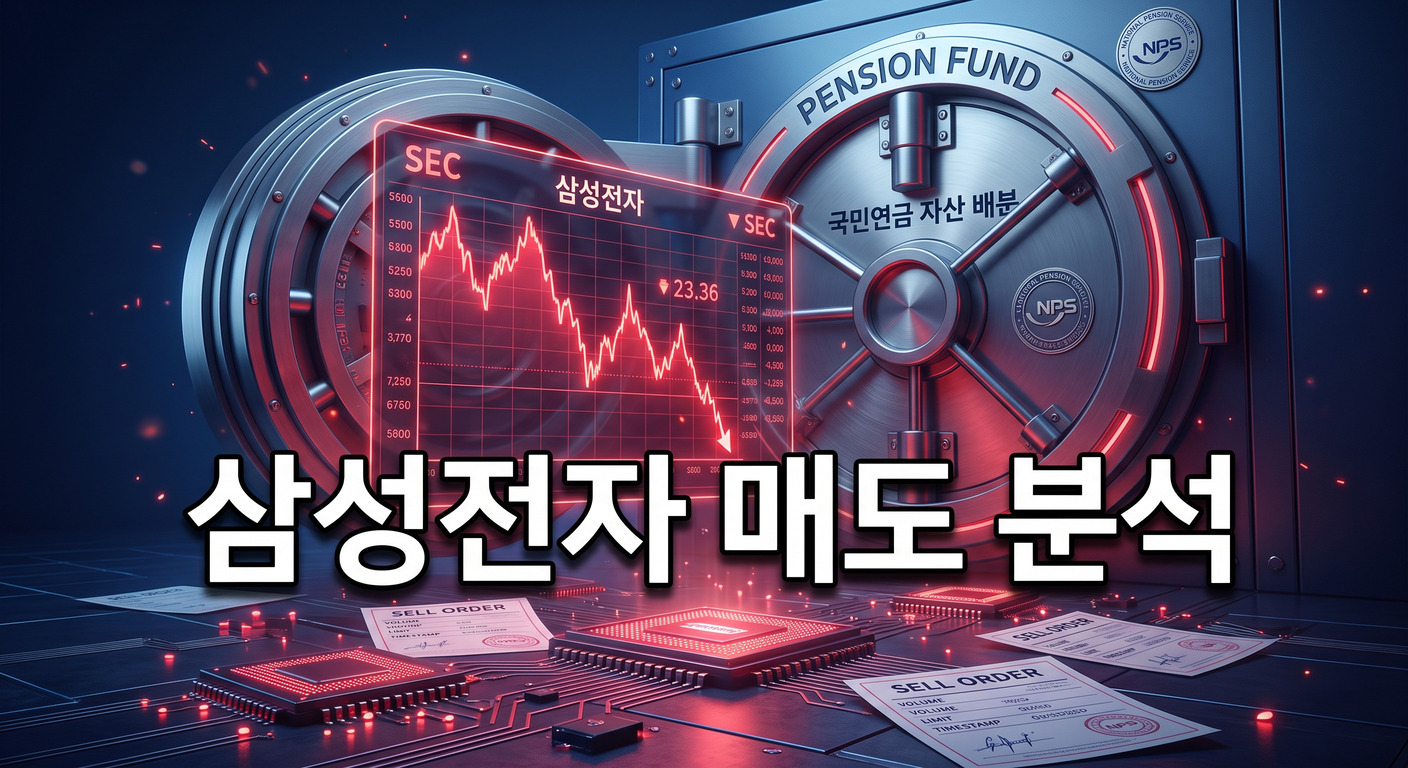 '연기금'이 적힌 거대한 금고 문 아래로 붉은색의 급락하는 주식 시장 차트가 보이고, 앞쪽에는 빛나는 반도체 칩과 '매도' 주문서가 흩어져 있는 3D 일러스트 배경에, 짙은 그림자와 외곽선으로 선명하게 강조된 '삼성전자 매도 분석'이라는 한글 문구가 중앙에 적힌 이미지