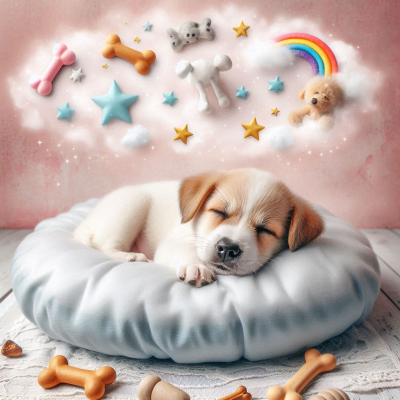 구름 위에서 아기 강아지가 잠자고 있으며, 별과 구름, 장난감들이 떠 있는 장면.