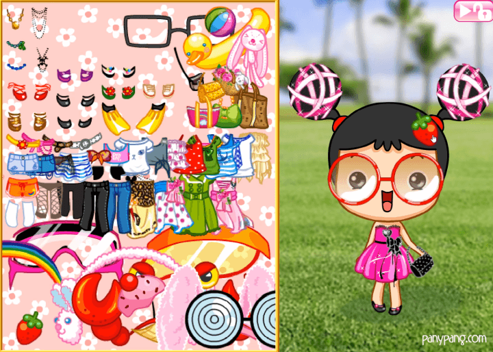 귀여운-파니팡-옷입히기-플래시게임-플레이2-머리에-딸기-모양의-헤어핀을-착용한-화면