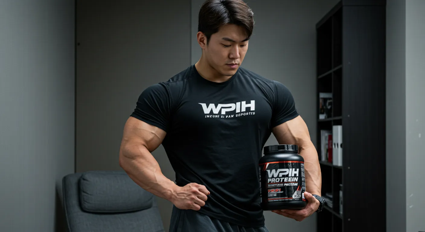 집에서 WPIH 웨이 프로틴을 들고 포징을 하는 트레이너