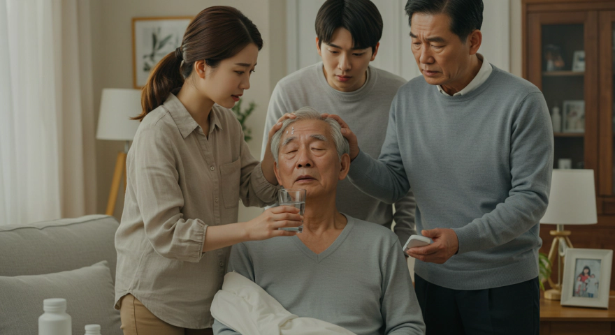 가족이 환자에게 물을 조금씩 마시게 하는 장면
