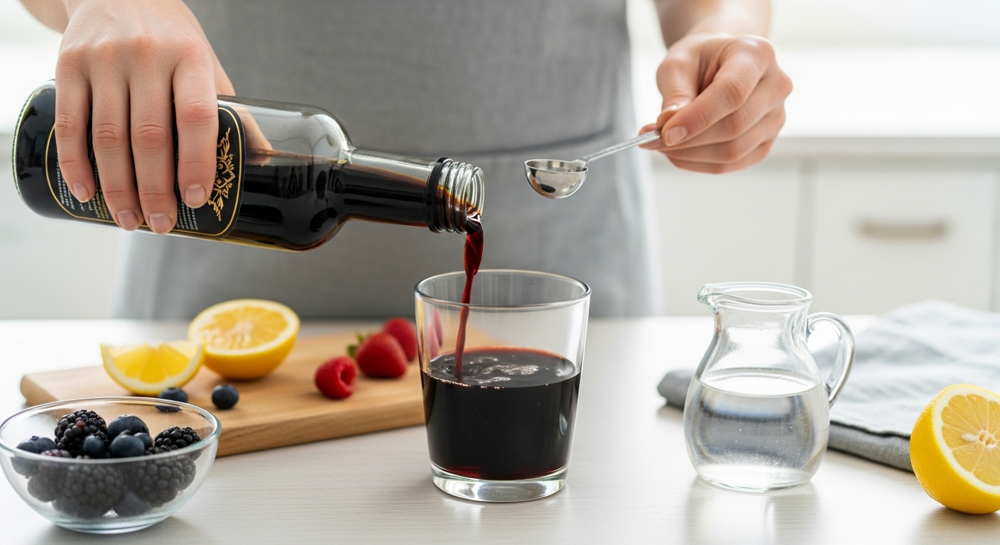 깨끗한 주방에서 신선한 베리와 함께 흑초 원액을 물에 희석하여 음료를 만드는 모습