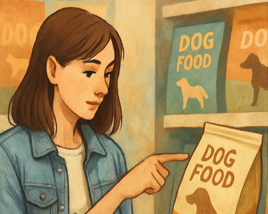 여자가 진열되어 있는 여러 개의 강아지 사료 중에서 한 개를 들고 고르는 모습