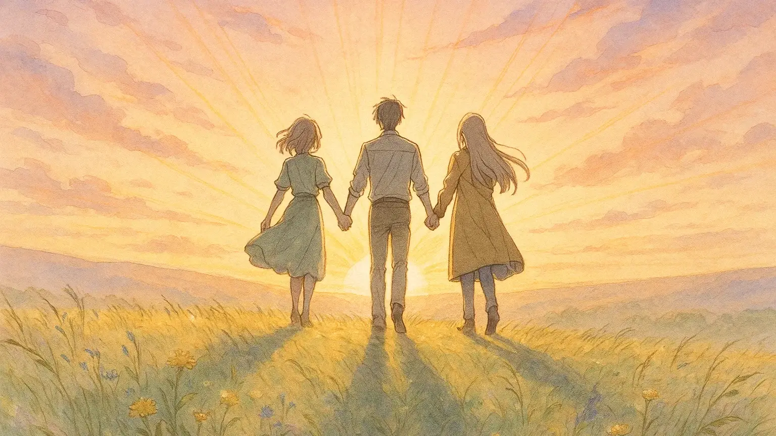 손을 맞잡고 함께 밝은 미래를 바라보는 사람들의 모습으로 희망과 연대감을 표현하는 따뜻한 이미지