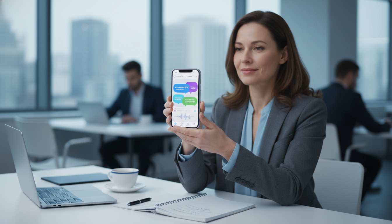 아이폰으로 통화녹음 어플을 확인하며 안도하는 30대 직장인