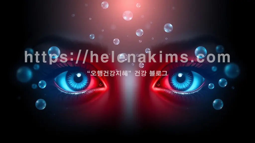 눈동자 중앙에서부터 뿜어져 나오는 듯한 밝고 투명한 빛의 입자들이 피로를 걷어내고 회복되는 과정을 시각적으로 표현한 이미지.