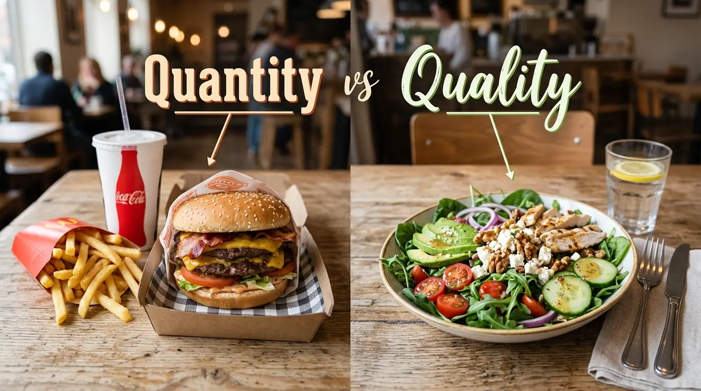 햄버거, 감자튀김, 콜라 세트(Quantity)와 닭가슴살 아보카도 샐러드(Quality)를 비교하는 'Quantity vs Quality' 텍스트