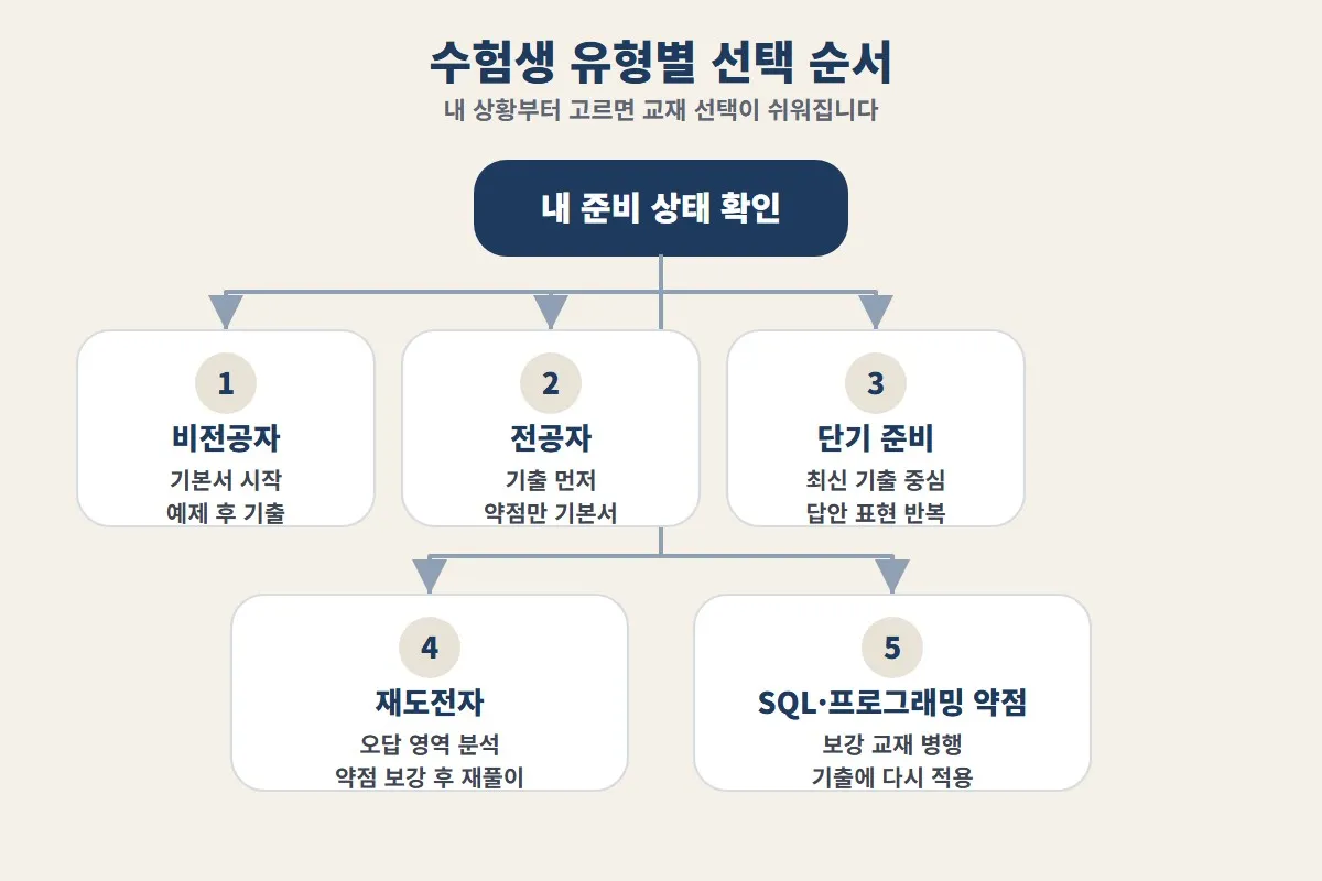 정보처리산업기사 실기 교재 추천을 수험생 유형별로 나누어 비전공자, 전공자, 단기 준비자, 재도전자 선택 기준을 정리한 이미지