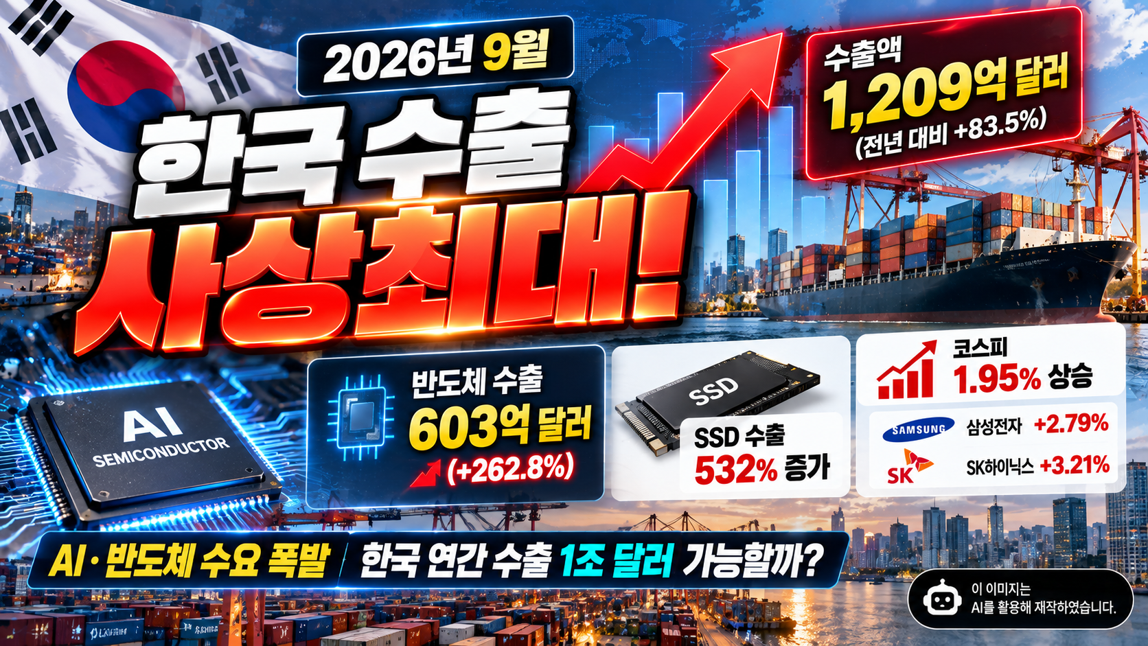 2026년 9월 한국 수출 사상 최대와 반도체 수출 603억 달러 급증, AI&middot;반도체 수요 증가를 표현한 이미지