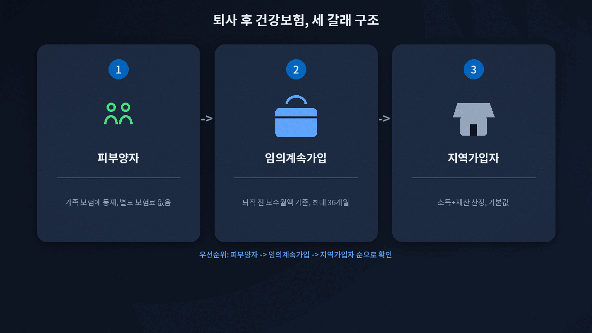 퇴사 후 건강보험 피부양자 지역가입자 임의계속가입 세 갈래 선택 구조도