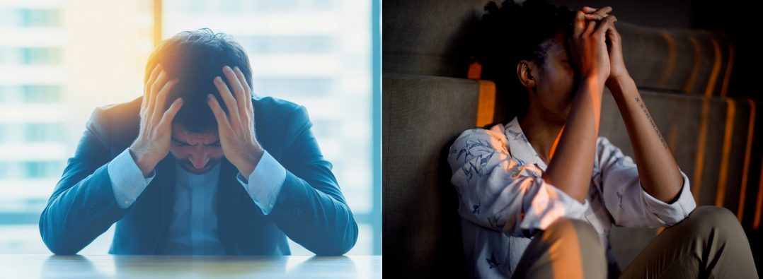 스트레스로 인해 면역력이 떨어진 직장인 남녀의 고통스러운 표정과 자세