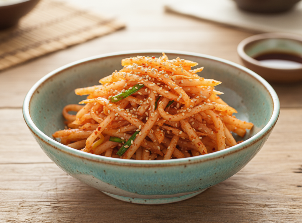 완성된 무생채가 예쁜 접시에 담겨 있다.