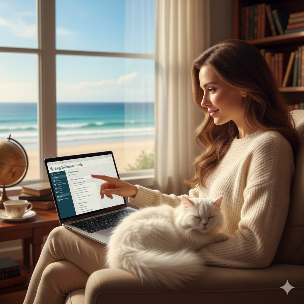 해변 서재에서 여성이 노트북으로 'URL 검사' 메뉴를 발견하고 미소 짓는 모습