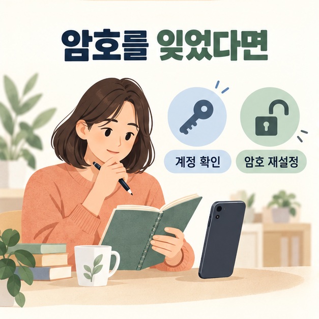 계정 확인 노트와 열쇠로 표현한 스크린 타임 암호 재설정
