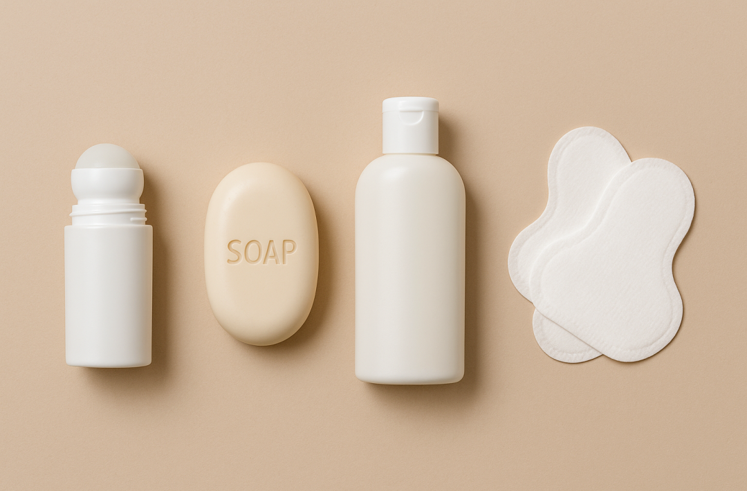 겨드랑이 냄새 제거에 효과적인 제품들을 보여주는 이미지로, 데오드란트 롤온, 항균 비누, 바디워시, 겨드랑이 전용 땀패드가 베이지 톤 배경에 정갈하게 배치됨