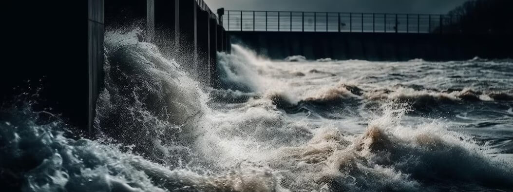 하천에 홍수가 범람하는 사진입니다.
