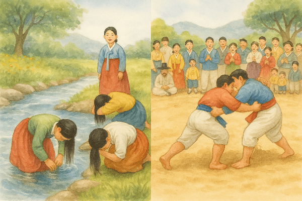 창포물에 머리 감는 모습과 씨름하는 모습