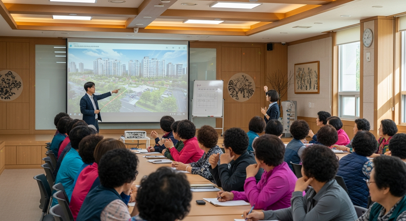 주민 설명회에 참석한 중장년층 주민들이 새로운 아파트 단지 3D 조감도를 보며 1기 신도시 재건축에 대해 적극적으로 질문하고 의견을 나누는 모습.