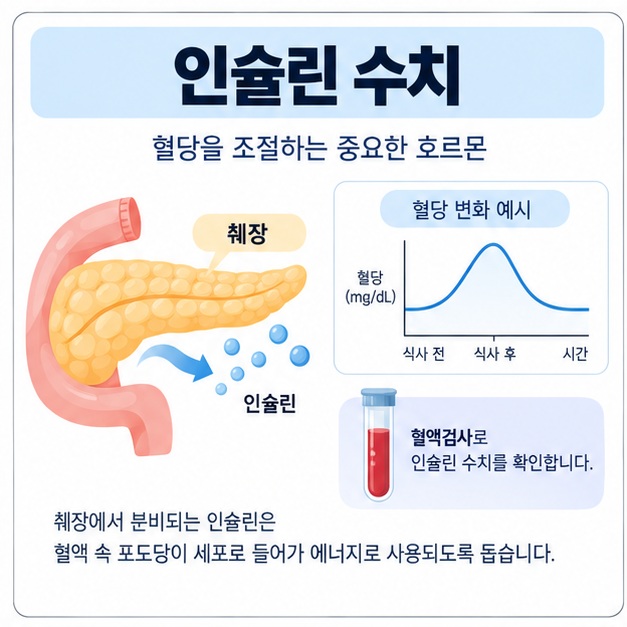 췌장과 혈당 그래프 아이콘 위에 인슐린 수치 문구가 표시된 대표 이미지
