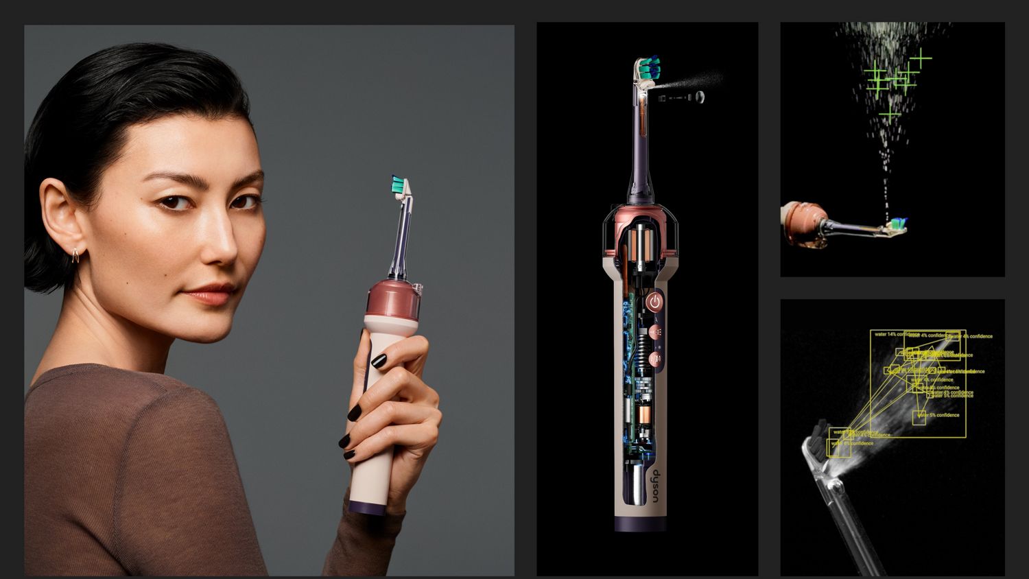 Dyson CameraJet을 든 모델과 본체 내부 및 카메라 감지 장면