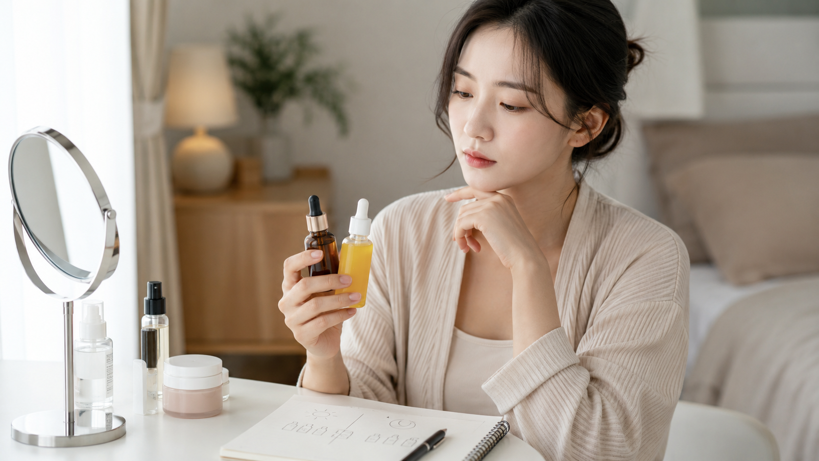 비타민C 세럼과 레티놀 제품 사용 순서를 비교하는 모습