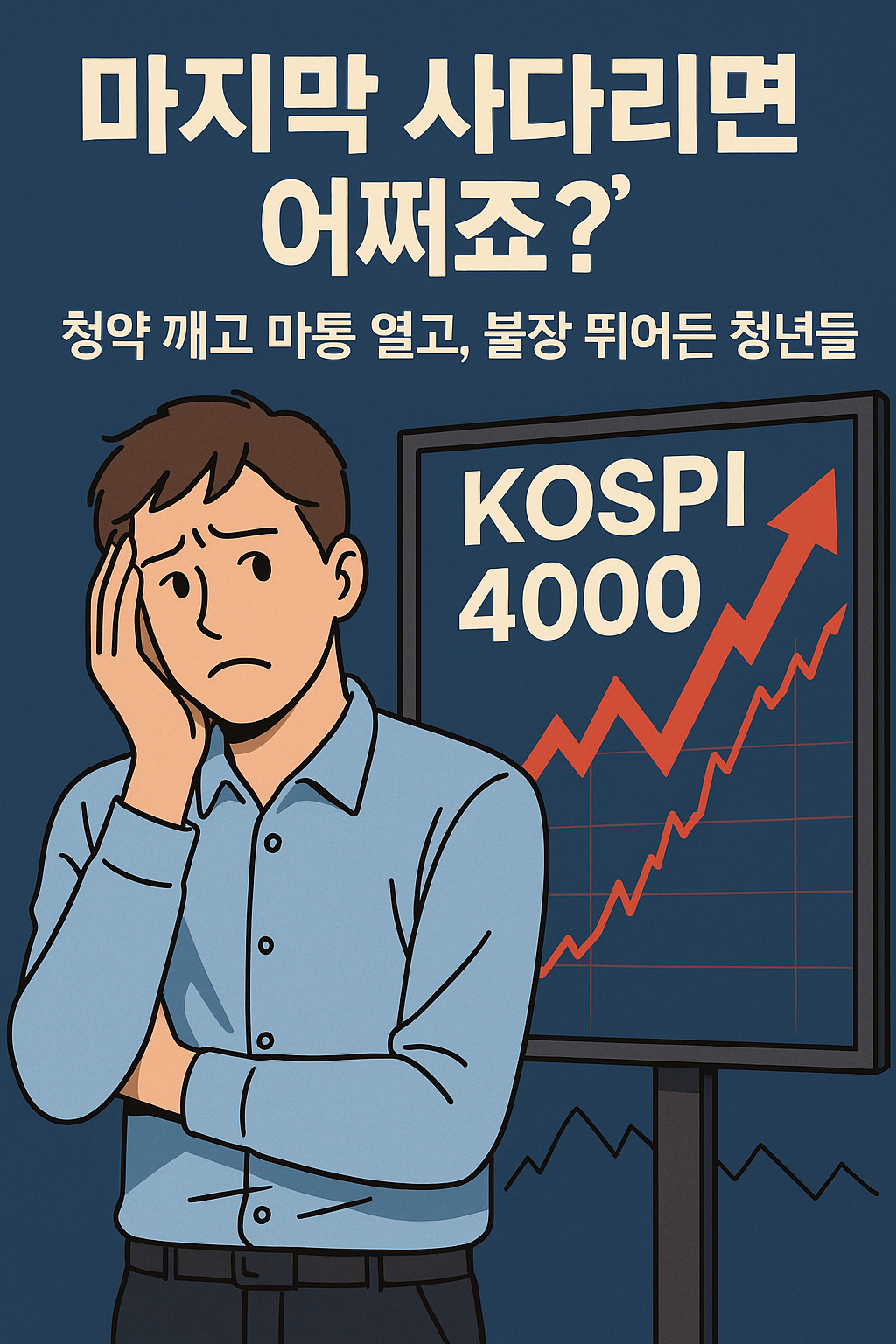 &ldquo;코스피 급등 그래프 앞에서 고민하는 2030 투자자 일러스트&rdquo;