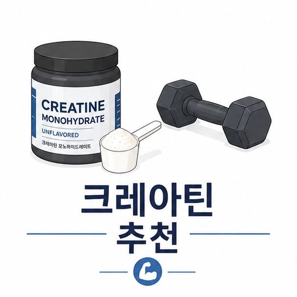 크레아틴 분말과 계량스푼, 덤벨을 이용해 운동 보충용 크레아틴 선택을 소개하는 그림