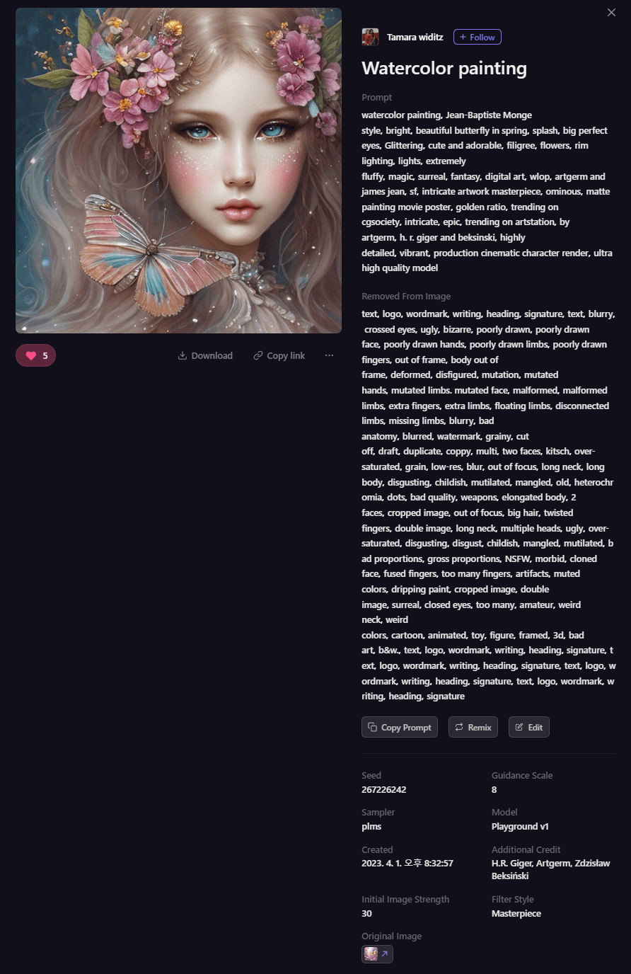 Playground AI 그림 - 꽃 장식을 한 소녀와 나비