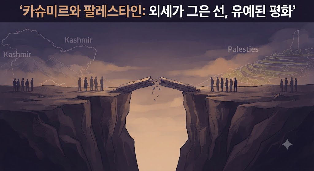 두 분쟁 지역의 공통된 구조적 비극을 상징화했습니다. 두 지역의 지도가 그려진 두 개의 거대한 바위가 평행하게 놓여 있고, 그 사이로 깊은 협곡이 갈라져 있습니다. 협곡 위에는 부서진 돌다리가 위태롭게 걸쳐 있어 해결의 어려움을 보여줍니다. 황혼을 배경으로 두 지역의 평범한 사람들이 다리 건너편을 바라보며 서 있습니다.