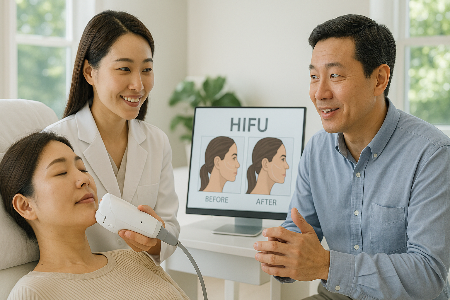 HIFU 시술을 받고 상담하는 부부