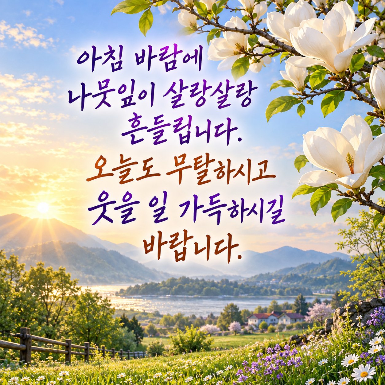 아침에 보내는 카톡 인사말 이미지 7 — 아침 바람에 나뭇잎이 살랑살랑 흔들립니다. 오늘도 무탈하시고 웃을 일 가득하시길 바랍니다.