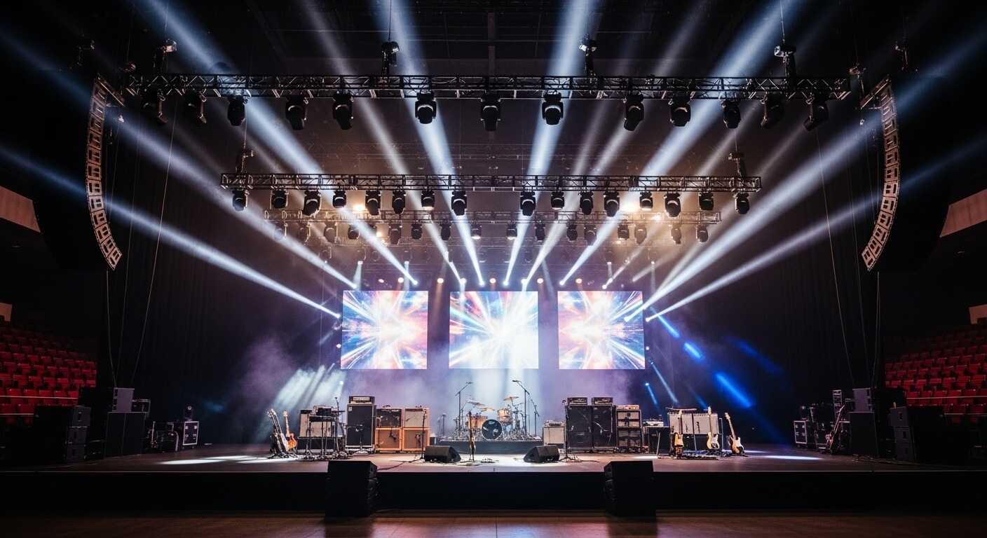 밴드 악기와 음향 장비가 세팅된 대형 콘서트 무대
