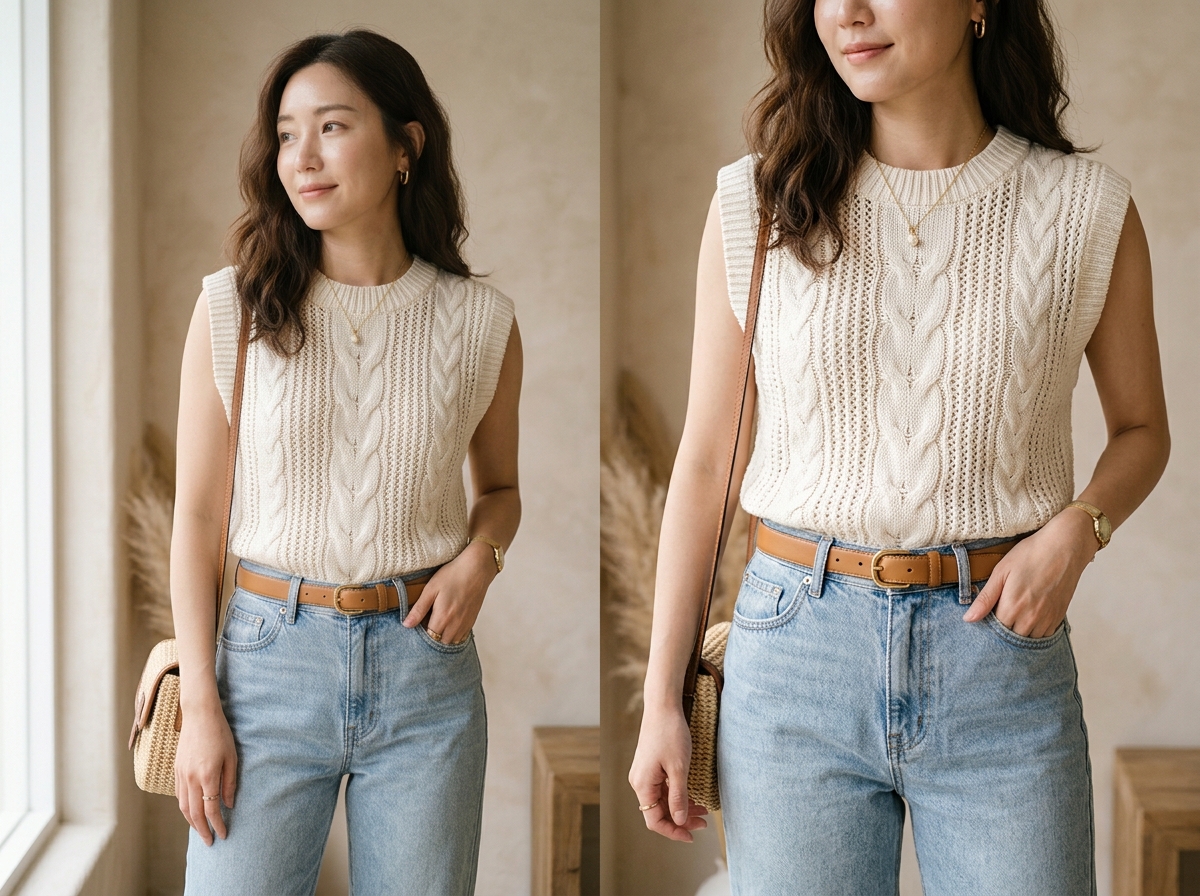 Close-up fashion styling shot of an ivory knit top paired with light-washed straight denim, texture contrast visible, Korean summer date outfit, soft natural lighting, minimal aesthetic, neutral beige background