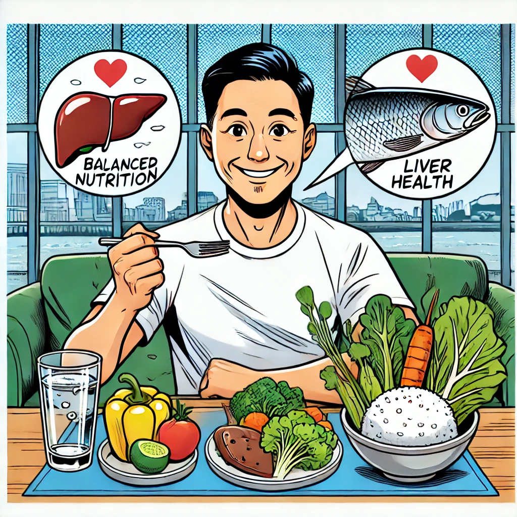 건강한 식사를 즐기는 남성 (간 건강을 위한 균형 잡힌 식단 강조)
