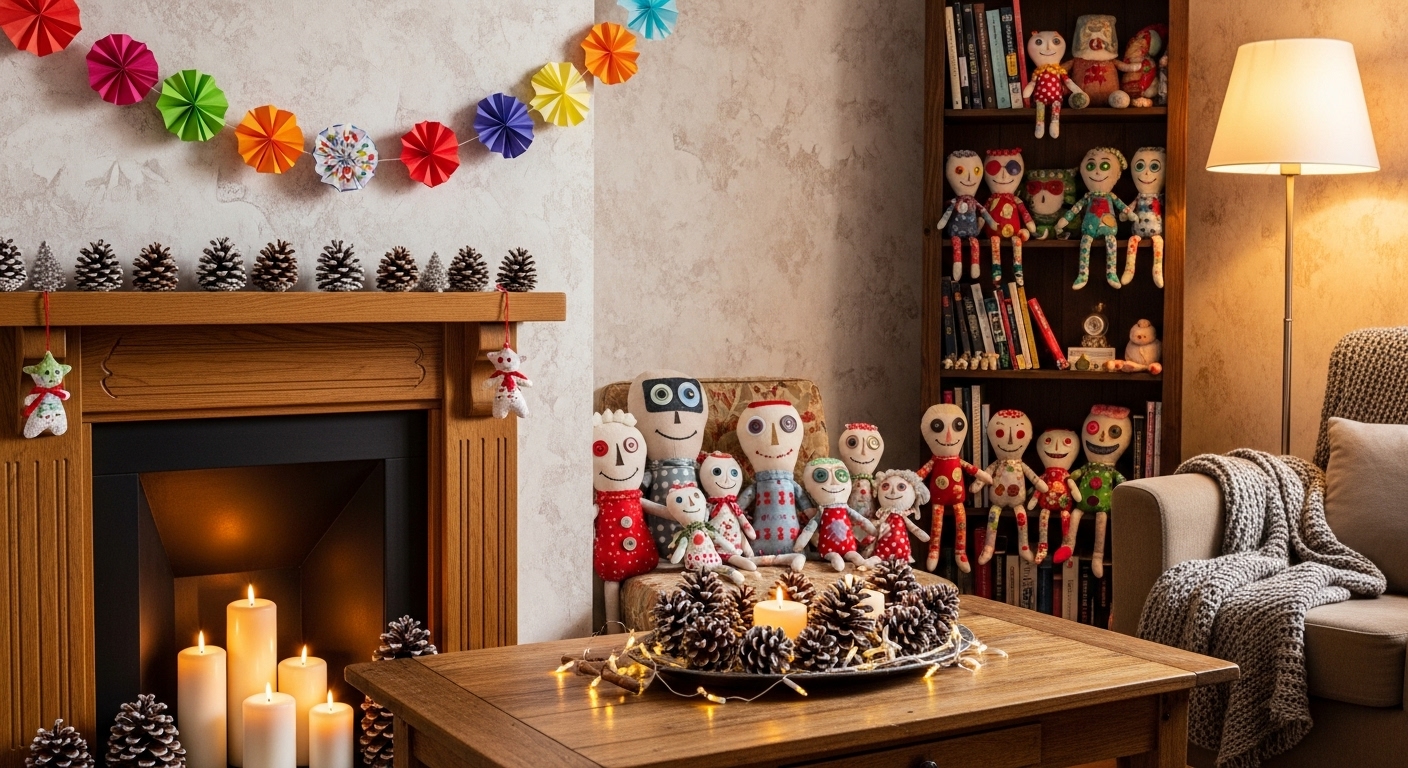 아이들이 직접 만든 종이 오너먼트 벽 장식, 솔방울 테이블 장식, 양말 인형 등이 어우러진 아늑한 크리스마스 거실 풍경.