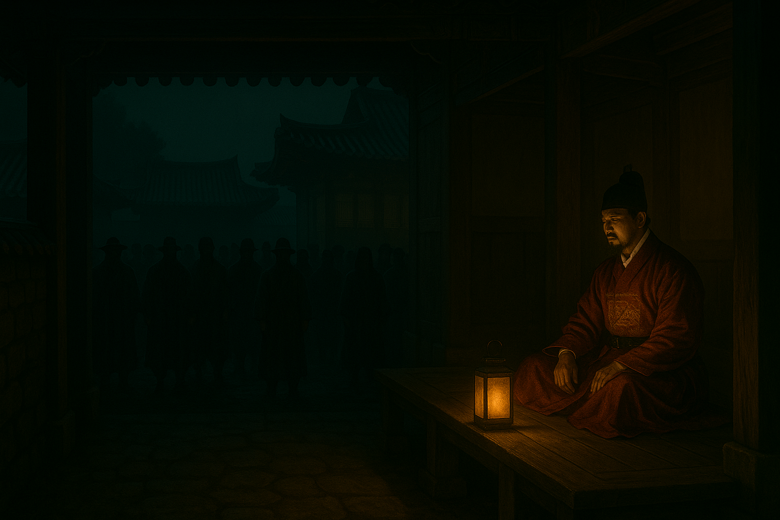 한옥 성 안의 상류층과, 성 밖 어둠 속의 침묵한 군중