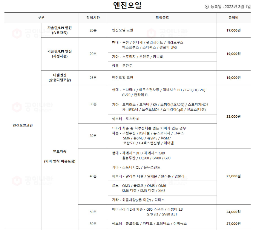 국산차-엔진오일-공임비