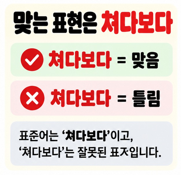 쳐다보다는 맞는 표현이고 처다보다는 틀린 표기라는 맞춤법 비교 카드