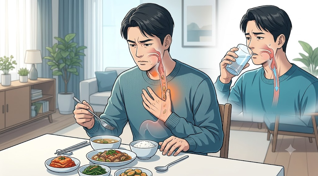 목 이물감 및 명치 부근의 가벼운 속쓰림과 함께 식후 누운 자세에서 느껴지는 불편감과 식도&middot;위 해부학 구조