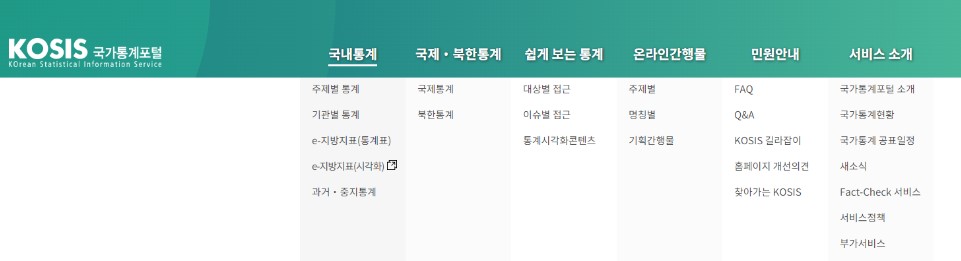 국가통계포털 KOSIS 메인화면 메뉴