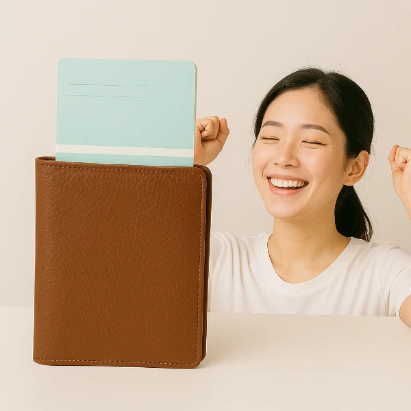 통장과 지갑을 들고 환하게 웃는 한국인 여성 이미지