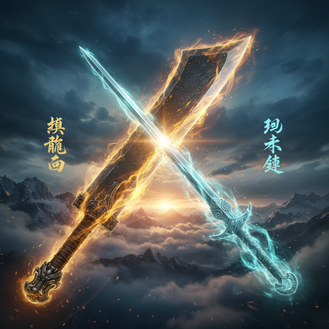 김용의 소설 <의천도룡기>를 테마로 한 아트워크. 왼쪽에는 용 문양 장식이 있는 검은색 대도(도룡도)가 타오르는 불길과 함께 배치되어 있고, 오른쪽에는 정교한 문양이 새겨진 푸른색 장검(의천검)이 냉기를 내뿜으며 X자로 교차되어 무협 세계관의 긴장감을 표현함.