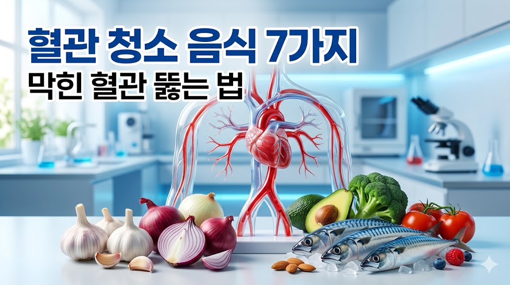 2026년 혈관 건강을 돕는 7가지 음식과 혈액 순환 개선법을 안내하는 전문 블로그 섬네일 이미지.
