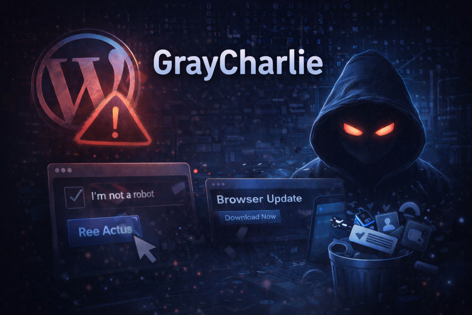 GrayCharlie로 불리는 위협이 워드프레스 사이트에 악성 자바스크립트를 삽입해 가짜 업데이트&middot;위조 CAPTCHA로 사용자를 유도하고 RAT/정보탈취 악성코드를 확산시키는 정황이 보고됐다. 공격 흐름, 징후, 점검 포인트, 대응 체크리스트를 정리한다