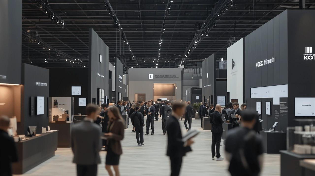 바쁜 금융 컨퍼런스를 배경으로 KODEX ETF 브로셔를 살펴보는 투자자의 역동적인 모습, 활기찬 분위기와 함께 햇빛이 비추며 세밀한 디테일이 강조됨