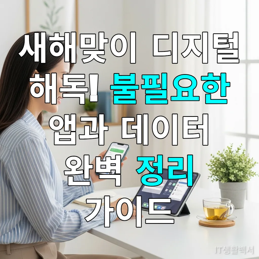2026년 새해를 맞아 스마트폰과 태블릿을 정리하며 디지털 해독을 시작하는 한국 여성의 모습